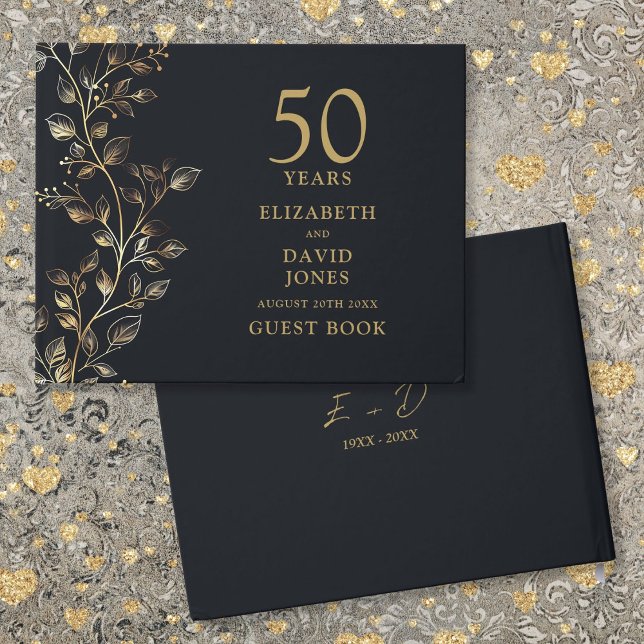 Livre D'or Élégant 50e anniversaire de Mariage de la florale  (Elegant Golden Floral 50th Wedding Anniversary Guest Book)