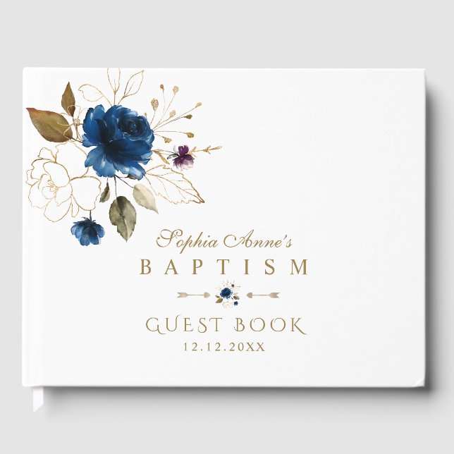 Livre D'or Elégant Aquarelle Bleu Or Fleurs Baptême (Recto)