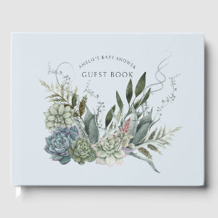 Livre D'or Elégant Aquarelle Succulents Baby shower Bleu