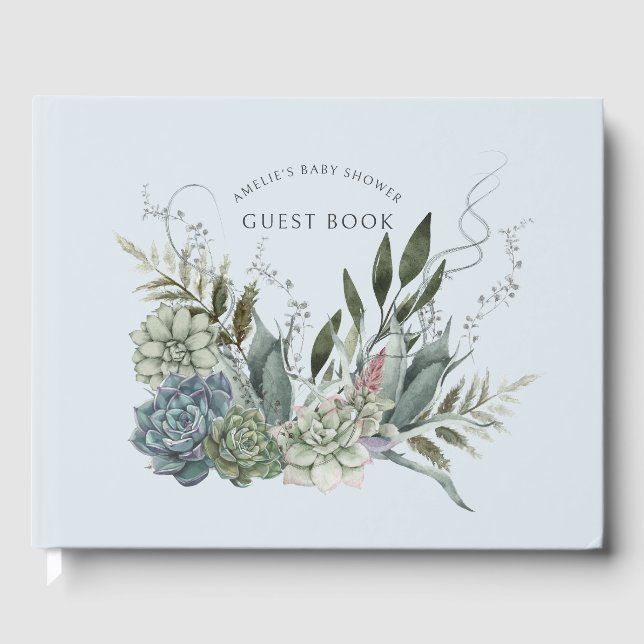 Livre D'or Elégant Aquarelle Succulents Baby shower Bleu (Recto)