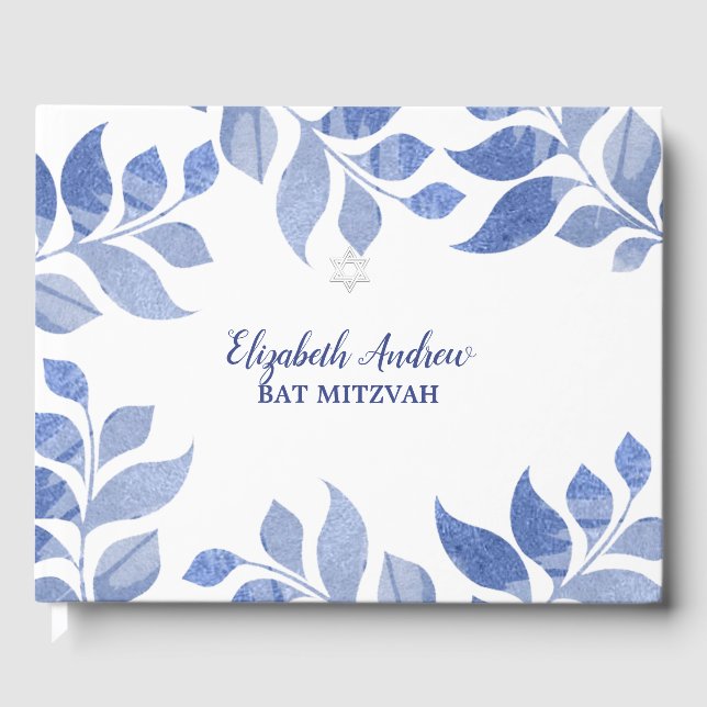 Livre D'or Elégant Bat mitzvah de feuillage bleu aquarelle (Recto)