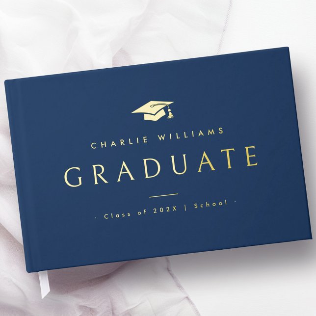 Livre D'or Élégant bleu foncé nom de diplômé (Elegant dark blue graduation cap graduate name foil guest book)