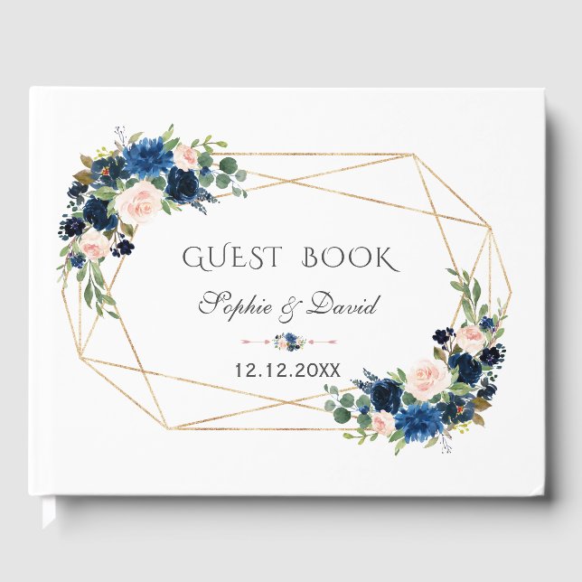 Livre D'or Élégant bleu marine Fleurs bleues Mariage or fleur (Recto)