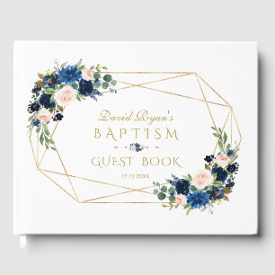 Livre D'or Elégant bleu marine Fleurs de Blush Gold Boy Baptê