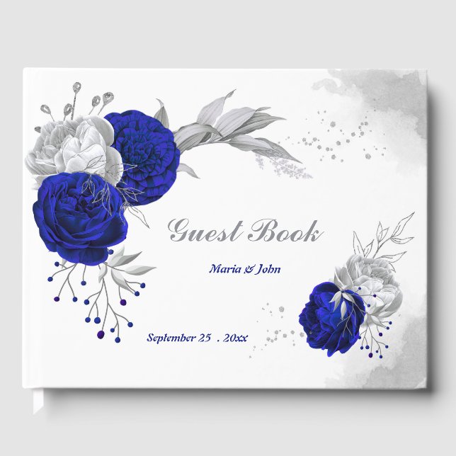 Livre D'or élégant bleu royal fleurs argent mariage (Recto)