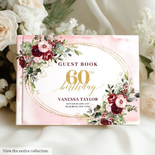 Livre D'or Élégant Boho Roses Bourguignonnes Or 60e Anniversa