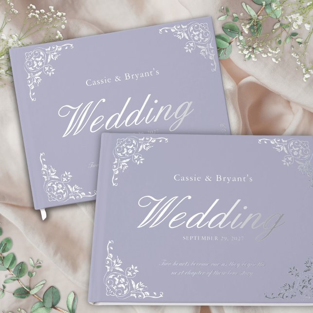 Livre D'or Élégant chic Lavande violet Mariage (lavender purple guest book with silver foil and elegant decorative border for chic floral garden)