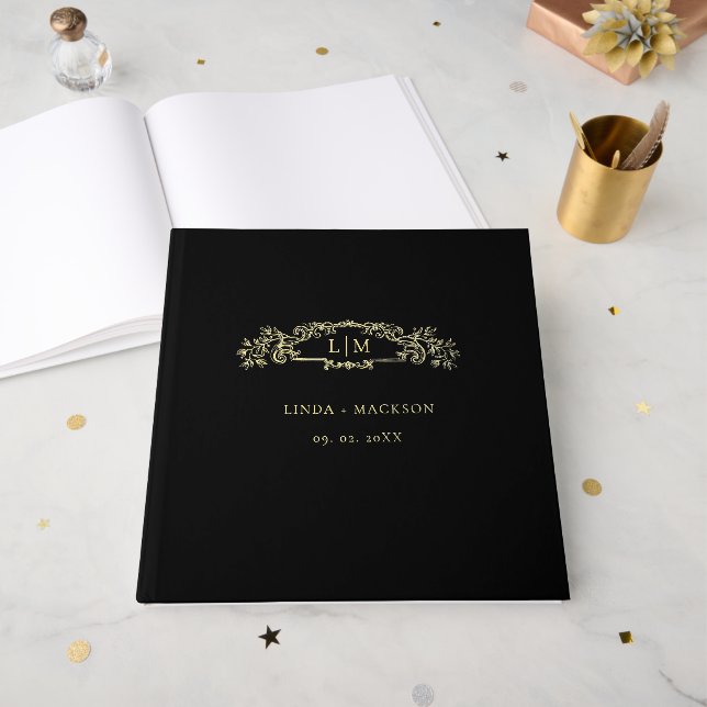 Livre D'or Élégant & Chic mariage monogramme de crête botaniq (Recto ouvert)