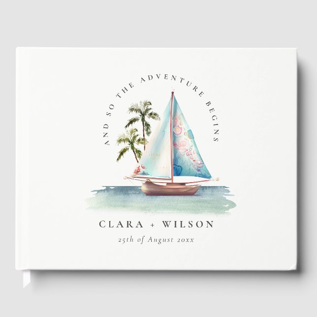 Livre D'or Elégant Dusky Turquoise Sailboat Palm Mariage mari (Recto)
