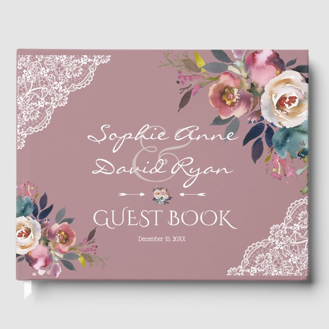 Livre D'or Elégant Dusty Blue Dusty Rose Fleurs Mariage (Recto)