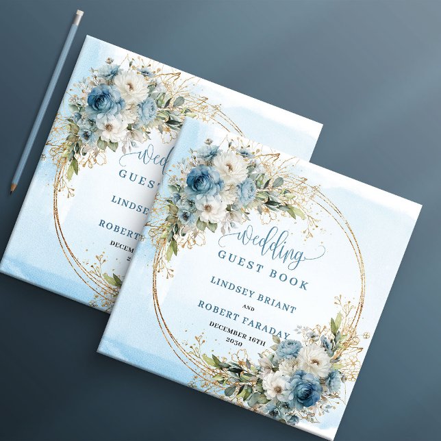 Livre D'or Elegant Dusty Blue Flowers Gold Wedding Guest Book (Elegant Dusty Blue Flowers Gold Wedding Guest Book)