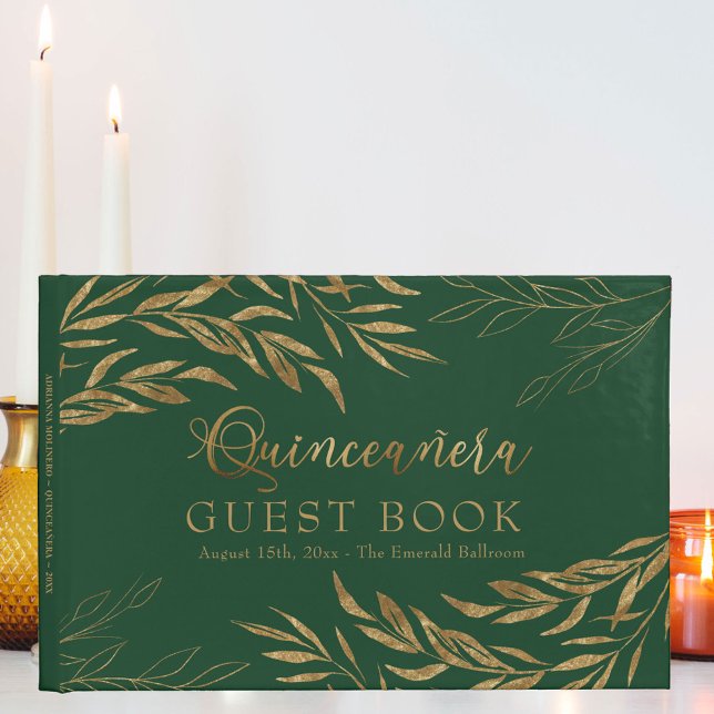 Livre D'or Élégant feuillage Vert et Or Quinceanera (Elegant Quinceanera Guest Book in emerald green from my Gold Leaf Collection)