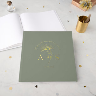 Livre D'or Élégant Ginkgo Feuille Sage Green Mariage Foil