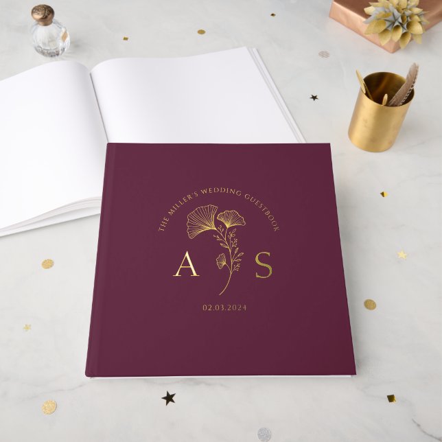 Livre D'or Élégant Ginkgo Feuille Vin Berry Mariage Phuile (Recto ouvert)