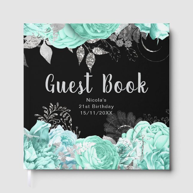 Livre D'or Elegant Green and Silver Flowers Birthday Party (Recto)