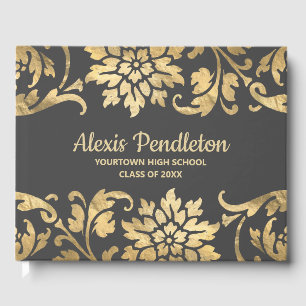 Livre D'or Elégant Grey Gold Flowers Graduation Party
