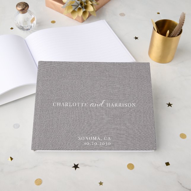 Livre D'or Élégant Gris Faux Lin Monogramme (Recto ouvert)