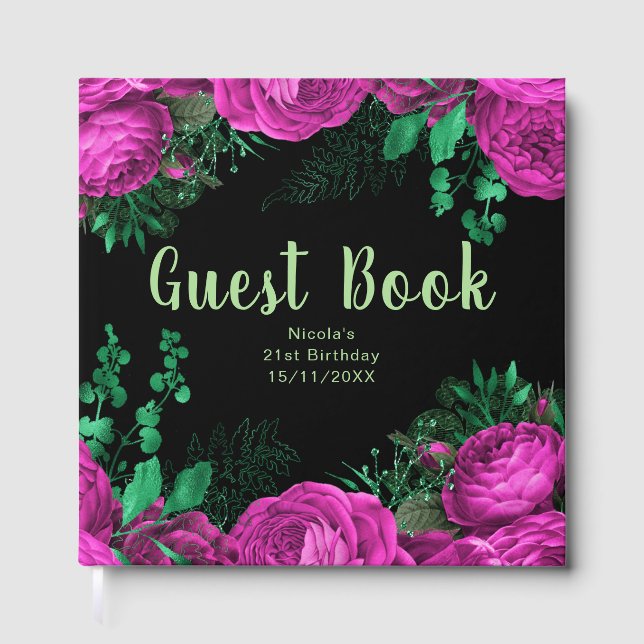 Livre D'or Elegant Hot Pink Flowers Birthday Party (Recto)