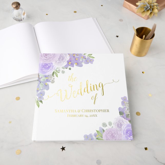 Livre D'or Élégant Lavande Purple Boho Floral Mariage (Recto ouvert)