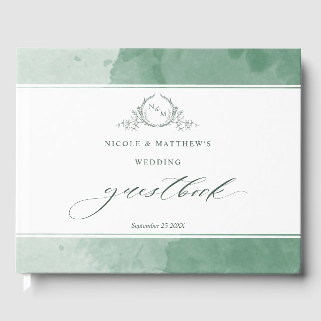 Livre D'or Élégant Mariage de monogramme vert d'aquarelle (Recto)