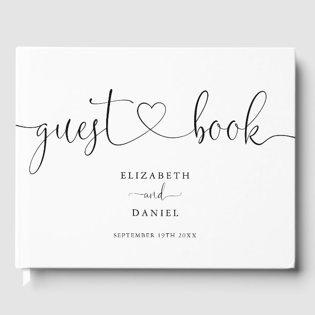 Livre D'or Élégant Mariage de script de coeur noir et blanc (Recto)