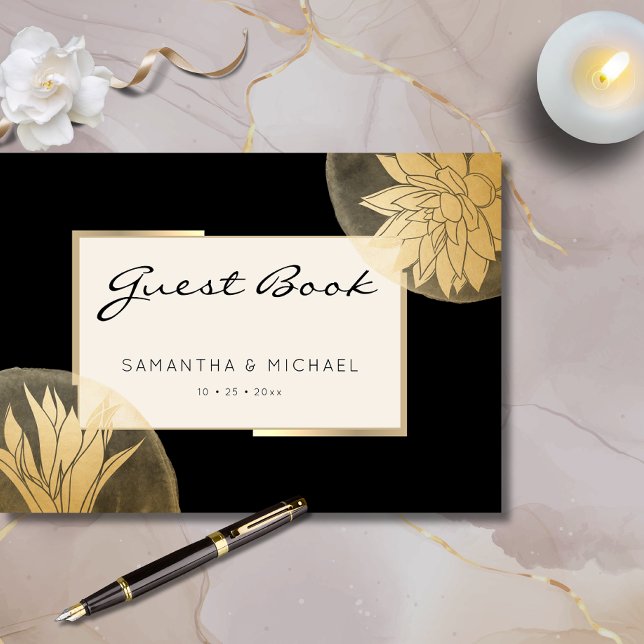 Livre D'or Élégant Mariage Floral d'or noir (Créateur téléchargé)