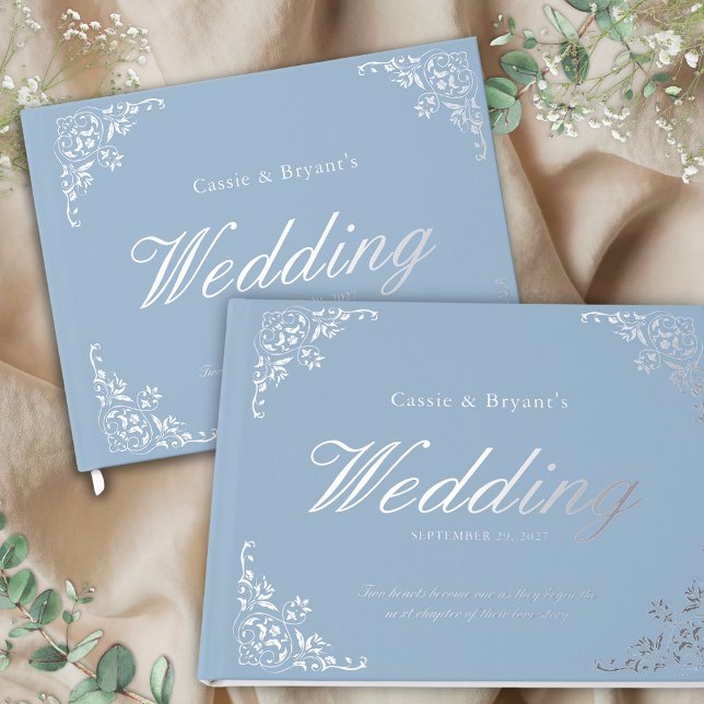 Livre D'or Élégant Mariage officiel Chic Blue (elegant dusty blue and silver wedding guest book with bride and groom names monogram keepsake gift)