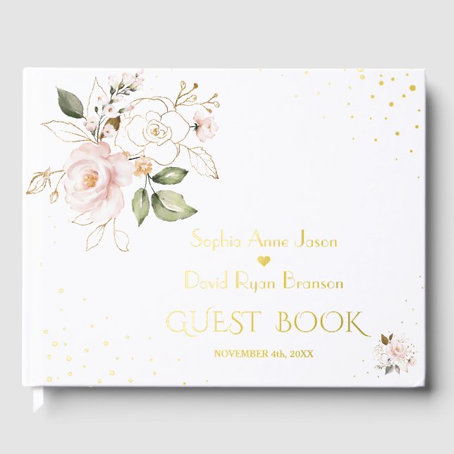 Livre D'or Élégant Mariage or Fleurs Roses Bleues (Recto)