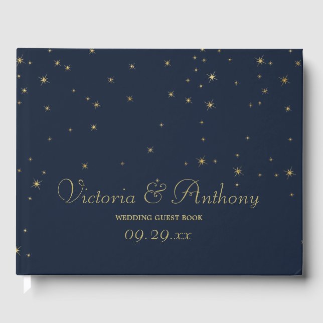 Livre D'or Elégant Marine & Gold Falling Stars Mariage (Recto)