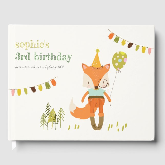 Livre D'or Élégant mignon Woodland Fun Party Fox Anniversaire (Recto)