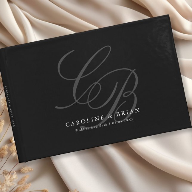 Livre D'or Élégant, Monogramme, Mariage (Elegant, Monogram, Black Wedding Guest Book with your name & date.)