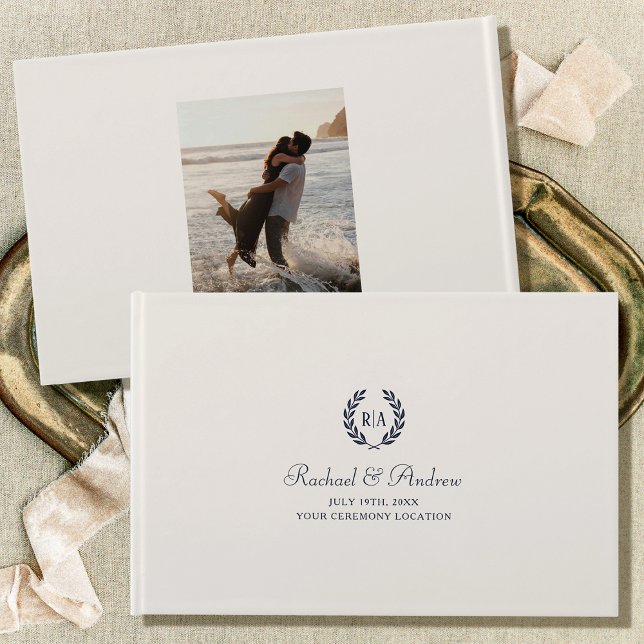 Livre D'or Élégant Monogramme Mariage Photo Marine Cream (Créateur téléchargé)