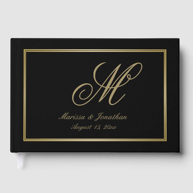 Livre D'or Élégant Monogramme Or Script Mariage noir (Recto)