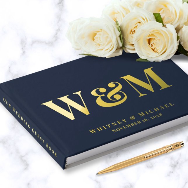 Livre D'or Élégant Monogramme Photo Mariage bleu marine (Créateur téléchargé)