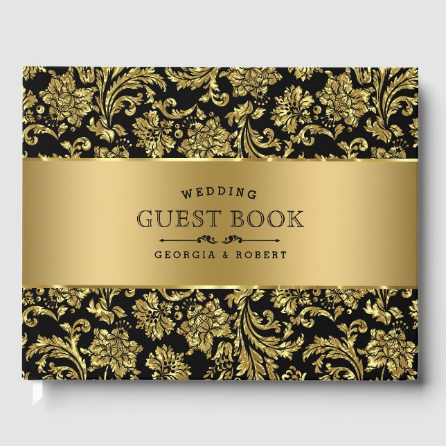 Livre D'or Élégant noir & or Damas florales (Recto)