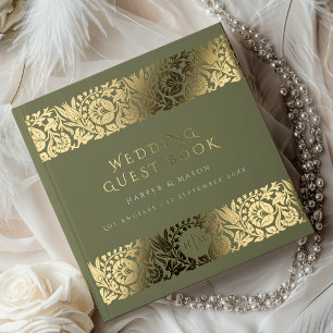 Livre D'or Élégant Olive Green & Gold Floral Mariage