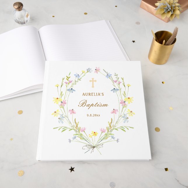Livre D'or Élégant Pastel Fleur sauvage Baptême (Recto ouvert)