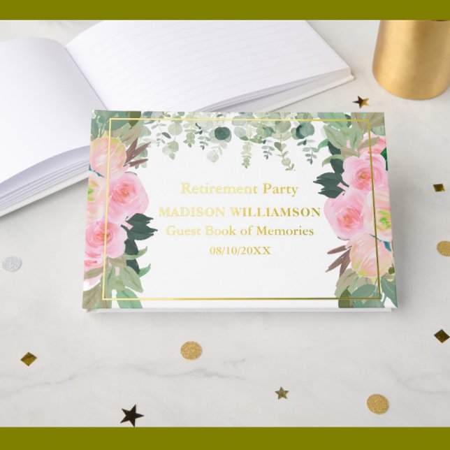 Livre D'or Élégant Pink Floral Retraite Party Gold Foil (Créateur téléchargé)