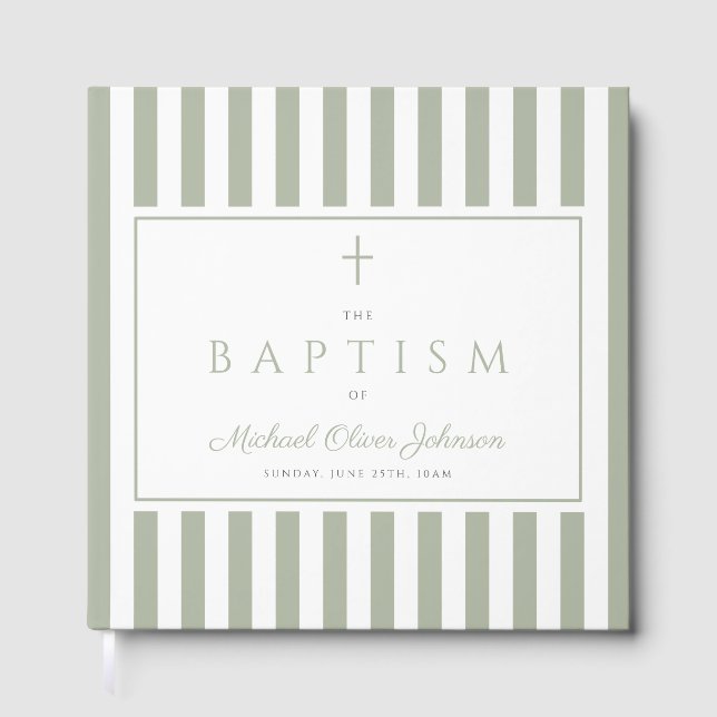 Livre D'or Elegant Religious Sage Green Stripes Baptism (Recto)