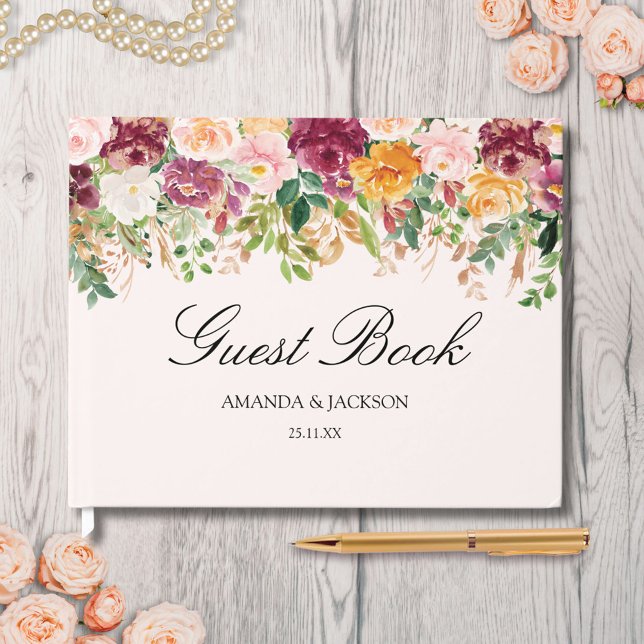 Livre D'or Elégant Rose Aquarelle Jardin Mariage Floral (In situ)