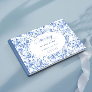 Livre d'or élégant roses bleues toile de Jouy fran