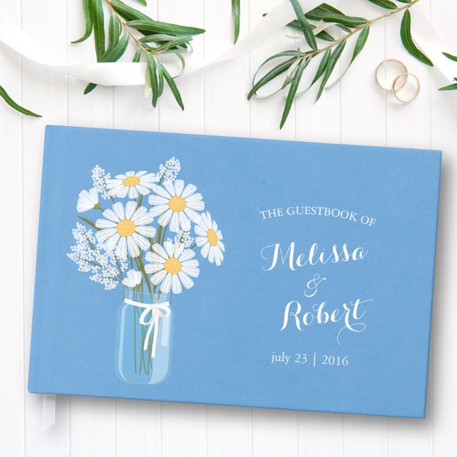 Livre D'or Elégant rustique Mason Jar Daisies Mariage Bleu (Créateur téléchargé)