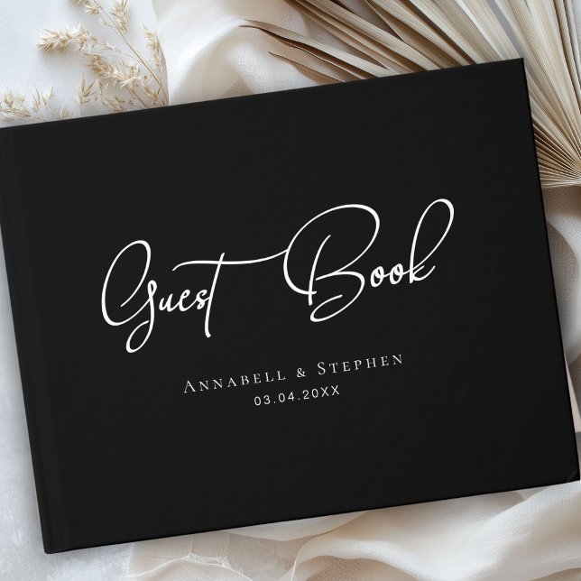 Livre D'or Elegant Script Font Black Wedding  (Elegant Script Font Black & White Wedding Guest Book)