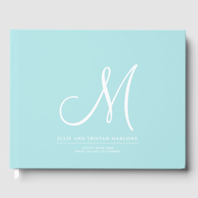 Livre D'or Élégant Script Mariage initial Monogram Aqua (Recto)
