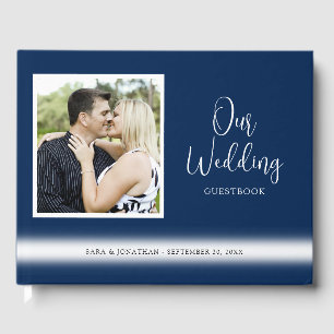 Livre D'or Élégant Script Mariage Photo Bleu foncé