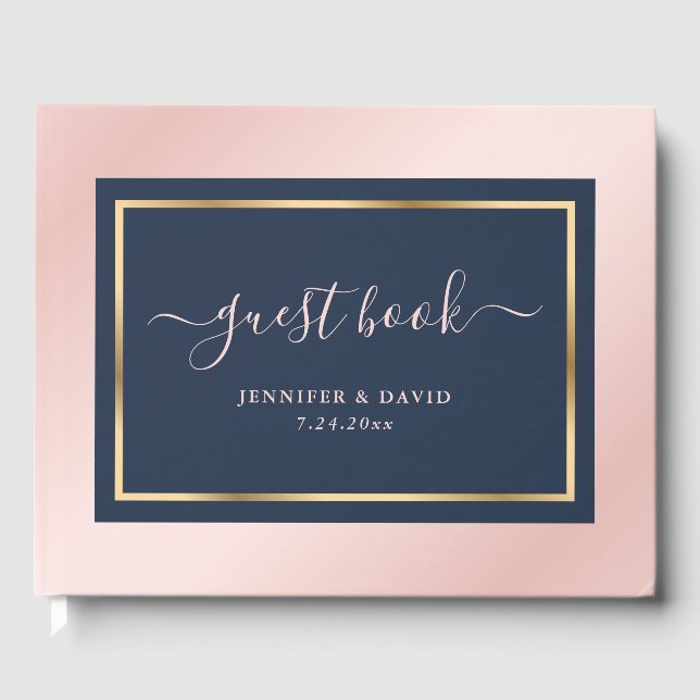 Livre D'or Élégant Script Navy Blue Blush et Mariage or (Recto)