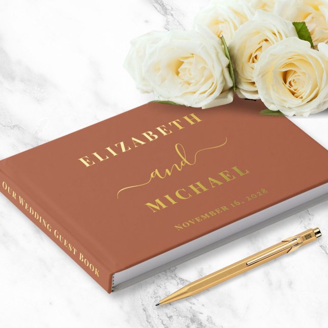 Livre D'or Élégant Script Photo Gold Foil Terracotta Mariage (Créateur téléchargé)