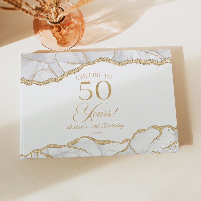 Livre D'or Elegant White Gold Agate 50th Birthday Party (Créateur téléchargé)