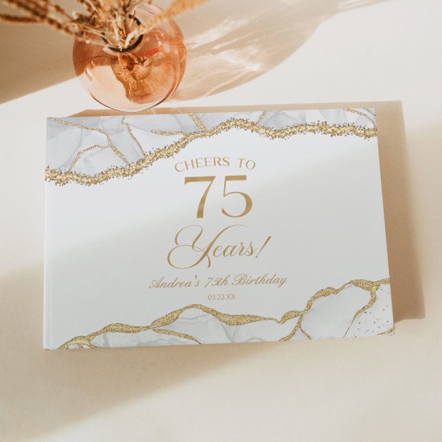 Livre D'or Elegant White Gold Agate 75th Birthday Party (Créateur téléchargé)