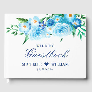 Livre D'or Elégante aquarelle bleu Floral blanc Mariage
